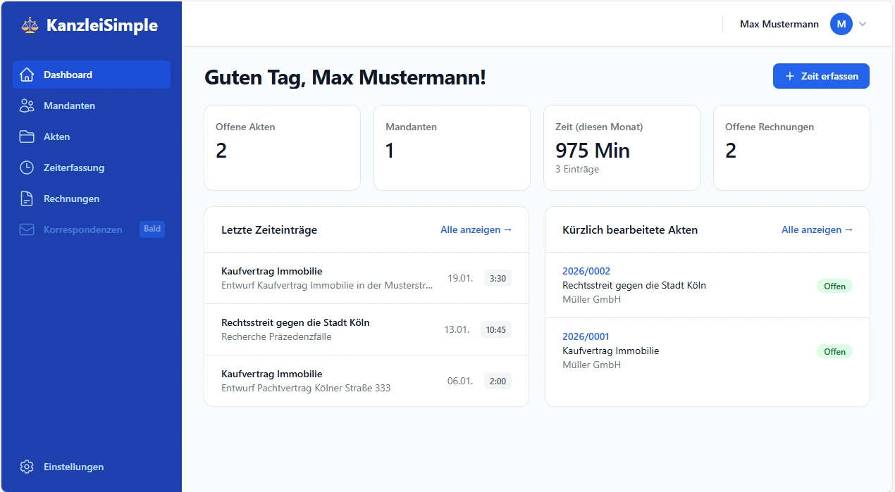 Dashboard Vorschau KanzleiSimple